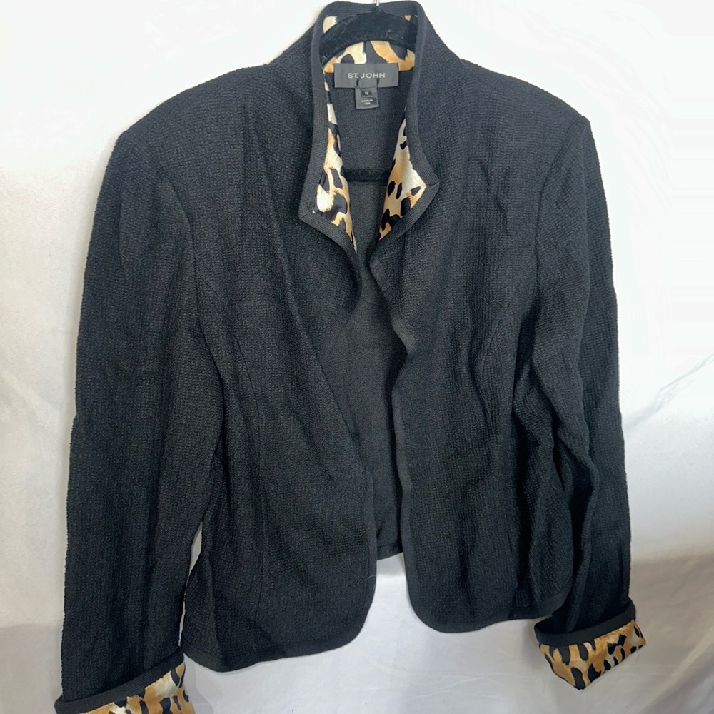 St. John Black Blazer with Animal Print Accents